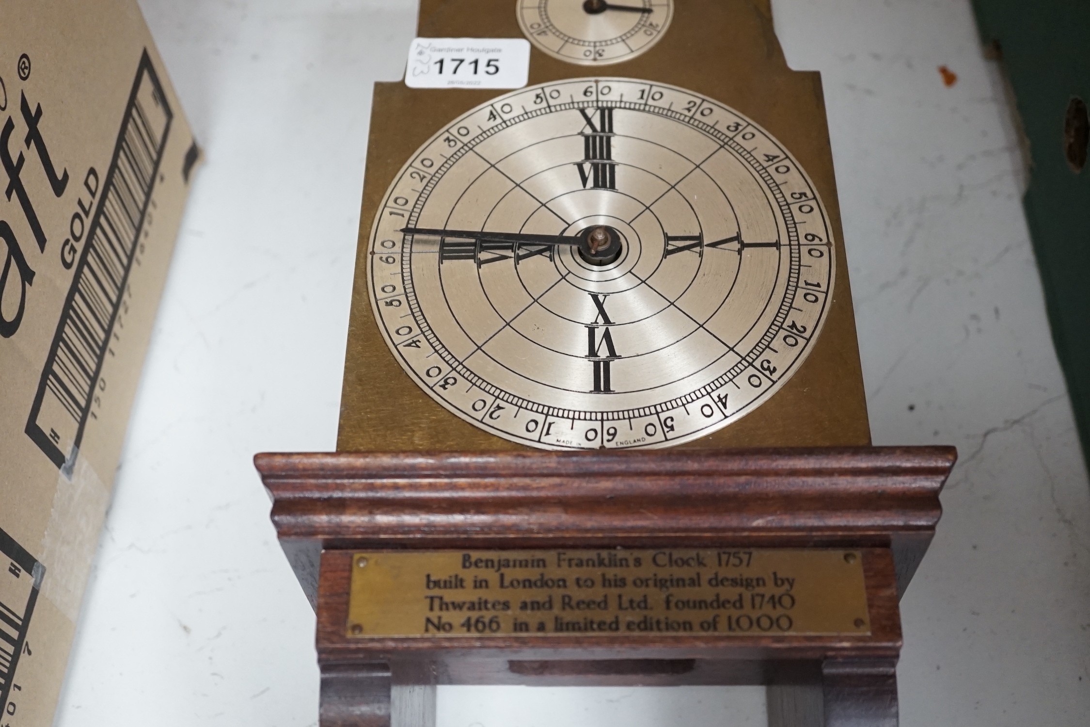 A limited edition Benjamin Franklins clock ‘built in London to his original design by Thwaites and Reed ltd.’ 466-1000